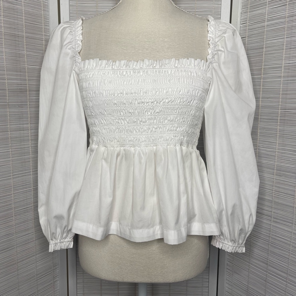 Trovata Birds of Paradis Alize White Smocked Puff Sleeve Blouse NWT Size XS